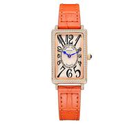 ROCOSJEWE Montre rectangulaire en or rose avec lunette en pierre blanche et cadran orange - Index des heures irrégulières - Aiguilles bleues - Bracelet en cuir orange - Cadeau idéal