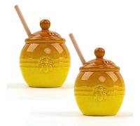 Rocutus Lot de 2 pots à miel en céramique avec loupe, couvercle et agitateur en bois - Lot de 2 pots à miel élégants, rangement de cuisine, distributeur de miel, cadeau pour amoureux des abeilles, en