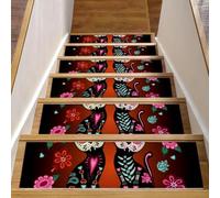 RODAILYCAY Day of the Dead Lot de 15 tapis d'escalier antidérapants pour marches en bois Motif chats citrouilles