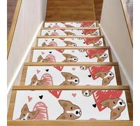 RODAILYCAY Lot de 15 tapis d'escalier 76 x 20 cm pour marches en bois d'intérieur antidérapantes, motif chien et cœur, tapis de couloir d'escalier pour enfants, personnes âgées et chiens