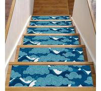 RODAILYCAY Lot de 15 tapis d'escalier antidérapants pour marches en bois - 76,2 x 20,3 cm - Tapis d'escalier d'intérieur traditionnel bleu chinois avec nuages chinois - Pour chiens, enfants et