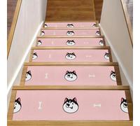 RODAILYCAY Lot de 15 tapis d'escalier antidérapants pour marches en bois de 76,2 x 20,3 cm - Tête de chien husky mignonne avec os - Tapis d'escalier d'intérieur pour chiens, enfants et personnes âgées
