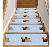 RODAILYCAY Lot de 15 tapis d'escalier antidérapants pour marches en bois, motif bouledogue français mignon, tapis d'intérieur lavable pour enfants, personnes âgées et animaux domestiques