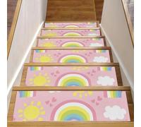 RODAILYCAY Lot de 15 tapis d'escalier jaune, rose, arc-en-ciel, soleil, nuages blancs, 76 x 20 cm, tapis d'escalier pour marches en bois, intérieur avec bordure antidérapante pour enfants, personnes