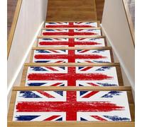 RODAILYCAY Lot de 15 tapis d'escalier - Motif Union Jack britannique - 20,3 x 76,2 cm - Pour marches en bois - Antidérapants - Sans résidus - Pour enfants, personnes âgées et chiens