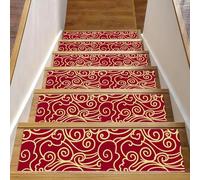 RODAILYCAY Lot de 15 tapis d'escalier pour marches d'escalier d'intérieur en bois - 20,3 x 76,2 cm - Nuages chinois rouges - Dessous antidérapant en polyester TPE