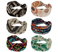 RODAILYCAY Lot de 6 bandeaux antidérapants à motif ethnique abstrait pour femme, tendance, croisillons noués, large bandeau pour entraînement, sport, yoga, course à pied