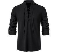 Rodawu Chemise Viking/Henley pour homme, bleu, taille normale, manches longues, col avec cordon de serrage, couleur unie, parfaite pour les hommes, les amateurs d'histoire, âges polyvalents