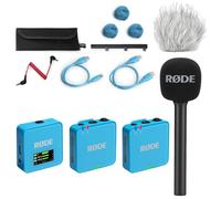 Rode Système de microphone sans fil GO Gen 3, 2 canaux, bleu, avec adaptateur manuel Interview GO et protection contre le vent en fourrure Keepdrum
