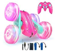 Rodzon Voiture Télécommandée Enfant, 360°Rotation Camion Cascadeuse avec Feux de Roue, 2.4GHz RC Voiture Radiocommandee Jeux Extérieur Jouet Cadeau pour Garçon Fille 6+ Ans, 2 x Batterie (Rose)