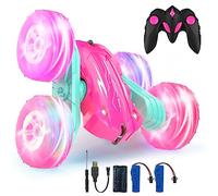 Rodzon Voiture Télécommandée Enfant, 360°Rotation Camion Cascadeuse avec Feux de Roue, 2.4GHz RC Voiture Radiocommandee Jeux Extérieur Jouet Cadeau pour Garçon Fille 6+ Ans, 2 x Batterie (Rose)