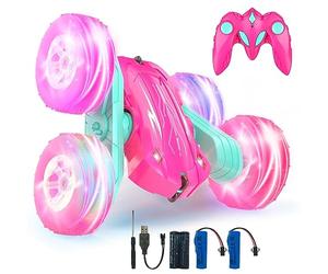Rodzon Voiture Télécommandée Enfant, 360°Rotation Camion Cascadeuse avec Feux de Roue, 2.4GHz RC Voiture Radiocommandee Jeux Extérieur Jouet Cadeau pour Garçon Fille 6+ Ans, 2 x Batterie (Rose)