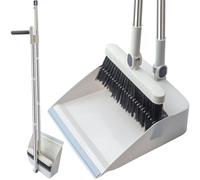 Roellgs Ensemble balai et pelle à poussière avec dents de peigne - Résistant au vent - Manche long vertical - Kit de nettoyage pour la maison (Blanc)