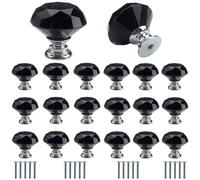 Roellgs Lot de 20 poignées de porte en verre cristal noir avec vis - 30 mm - Poignée de porte haut de gamme légère de luxe - Poignée de tiroir - Trou unique - Décoration d'intérieur