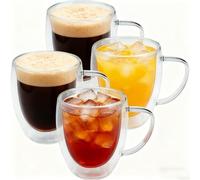 Roellgs Lot de 4 tasses à café en verre transparent à double paroi avec poignées pour boissons chaudes, latte et chocolat chaud, macchiato, cappuccino (4, taille L)