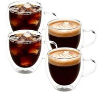 Roellgs Lot de 4 tasses à café en verre transparent à double paroi avec poignées pour boissons chaudes - 250 ml - Tasse à latte à double isolation - Verres à chocolat chaud, macchiato ou cappuccino (4