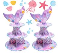 Roellgs Présentoir à cupcakes sirène à 3 niveaux en carton - Décorations de fête sur le thème de la mer - Pour filles et enfants - Fournitures de fête d'anniversaire sur le thème de la sirène (violet)
