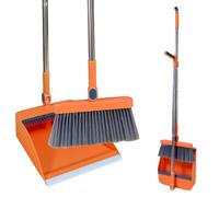 Roellgs Set de balai avec dents à peigne anti-vent vertical, manche long - Kit de balayette et pelle à poussière - Ensemble de nettoyage domestique (orange)