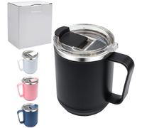 Roellgs Tasse à café de 460 ml, tasse à café et thé en acier inoxydable à double paroi isotherme avec poignée antidérapante, couvercle coulissant et grand volume (noir)