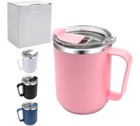 Roellgs Tasse à café de 460 ml, tasse à café et thé en acier inoxydable à double paroi isotherme avec poignée antidérapante, couvercle coulissant et grand volume (rose)