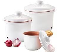 Römertopf Lot de 3 pots fraîcheur en céramique pour ail, oignons et pommes de terre - Argile respirante pour garder les légumes frais plus longtemps - Blanc