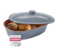Römertopf MAXI Boîte à pain ovale en argile naturelle pour conserver le pain et les petits pains, avec ventilation pour une fraîcheur longue durée, passe au lave-vaisselle, 40 x 28 x 20 cm, bleu-gris