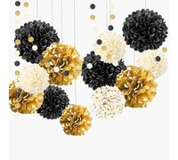 ROEOWENE 15PCS Pompons Papier de Soie Lanterne en Papier à Suspendre Boule Fleur Pompon Papier Guirlande de Pompons Anniversaire Décorations pour Décoration Suspendre de Plafond Fête,Mariage-Noir Or