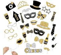 ROEOWENE 30pcs Accessoires Photobooth Amusants Noir Or, Kit Photo Booth