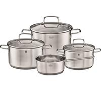 RÖSLE Basic Line Lot de 4 casseroles universelles, 1 casserole en acier inoxydable 18/10, avec couvercle en verre et bord verseur, passe au lave-vaisselle, Couleur : Argenté