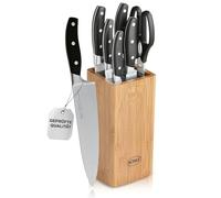 RÖSLE CUISINE Bloc Range Couteaux avec Insert en Brosse - Porte-Couteaux en Bambou avec 5 Couteaux et Ciseaux - Lames en Acier Spécial - Protège-Doigts - 7 Pièces en Tout