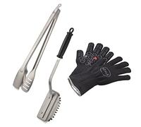 RÖSLE Lot de 3 accessoires de barbecue de qualité supérieure avec gants de barbecue de qualité supérieure, pince à barbecue et brosse de nettoyage SlideX, acier inoxydable, argenté/noir