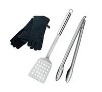 RÖSLE Set d'ustensiles de base pour le barbecue, de haute qualité, avec gants de barbecue en cuir, spatule, pince à barbecue 40 cm, acier inoxydable 18/10, lavable au lave-vaisselle, Acier/ Noir
