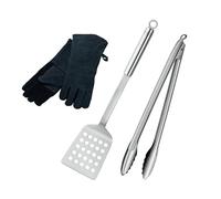 RÖSLE Set d'ustensiles de base pour le barbecue, de haute qualité, avec gants de barbecue en cuir, spatule, pince à barbecue 40 cm, acier inoxydable 18/10, lavable au lave-vaisselle, Acier/ Noir