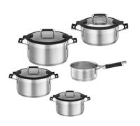 RÖSLE SILENCE PRO Set de 5 casseroles universel avec 3 casseroles, 1 poêle à frire et 1 casserole à manche, acier inoxydable 18/10, couvercle en verre, graduation intérieure, adapté à l'induction