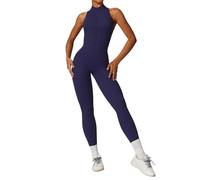 ROEUIPG Combinaison de Sport Une pièce for Femmes, Dos en V, Fermeture éclair, Barboteuse de Yoga, Dos Nu, vêtements de Sport, Manches, Body d'entraînement(Dark Blue,S)