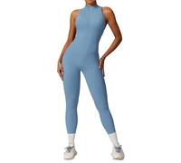 ROEUIPG Combinaison de Sport Une pièce for Femmes, Dos en V, Fermeture éclair, Barboteuse de Yoga, Dos Nu, vêtements de Sport, Manches, Body d'entraînement(Blue,XL)