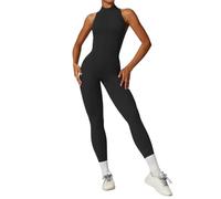 ROEUIPG Combinaison de Sport Une pièce for Femmes, Dos en V, Fermeture éclair, Barboteuse de Yoga, Dos Nu, vêtements de Sport, Manches, Body d'entraînement(Black,M)