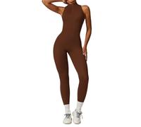 ROEUIPG Combinaison de Sport Une pièce for Femmes, Dos en V, Fermeture éclair, Barboteuse de Yoga, Dos Nu, vêtements de Sport, Manches, Body d'entraînement(Brown,M)