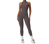 ROEUIPG Combinaison de Sport Une pièce for Femmes, Dos en V, Fermeture éclair, Barboteuse de Yoga, Dos Nu, vêtements de Sport, Manches, Body d'entraînement(Grey,S)
