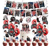 Roffatide 38PCS Stray Kids Birthday Party Décorations Kit Officiel Style Banner Gâteau Topper Ballons Cupcake Toppers Ornaments en spirale pour STAY Kpop Fan Party Supplies