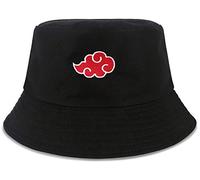 Roffatide Anime Bucket Hat Red Cloud Chapeau de pêche Coton Brodé Chapeau de Soleil Réversible à Double Face Noir pour Les Fans de Naruto Akatsuki