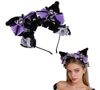 Roffatide Anime Kuromi Headband Hairpin oreille bandeau de cheveux en peluche avec des arcs et des rubans de dentelle filles Kawaii costume Halloween fête de Noël cadeau d'anniversaire noir