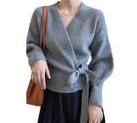 ROFIHOKS Pull Cache-cœur Court pour Femme, Pull Cache-cœur col en V, Haut Court en Tricot croisé, Cardigan en Tricot, Hauts (Gray,One Size)