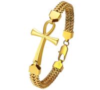 Rofusn Bracelet avec croix Ankh pour homme : bracelet en acier inoxydable punk hip-hop double couche tressée franco amulette Ankh égyptienne, bijoux cadeaux pour Halloween, Noël, anniversaire