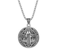Rofusn Collier avec pendentif en forme de médaille de Saint Benoît : Jésus chrétien catholique en acier inoxydable - Cadeau pour homme et femme, Acier inoxydable, Pas de gemme