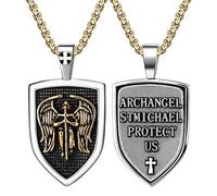 Rofusn Collier médaille de l'archange Saint Michel : pendentif en acier inoxydable pour homme, bijoux chrétiens, cadeaux pour papa, fête des pères, Acier inoxydable, Pas de gemme