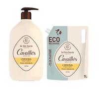 ROGÉ CAVAILLÈS | Gel bain douche - L'Original | Nourrit & Protège la peau | Nettoie en douceur | Peaux sensibles | Sans savon | 100% plastique recyclé | Pack : Gel bain douche 1L + éco-recharge 1L