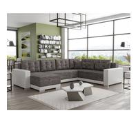 Roger - Canapé panoramique d'angle réversible 7 places convertible avec coffre en tissu - Gris / Blanc