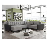 Roger - Canapé panoramique d'angle réversible 7 places convertible avec coffre en tissu - Gris / Noir