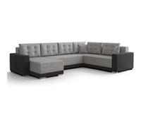 Roger - Canapé panoramique d'angle réversible 7 places convertible avec coffre en tissu - Gris / Noir